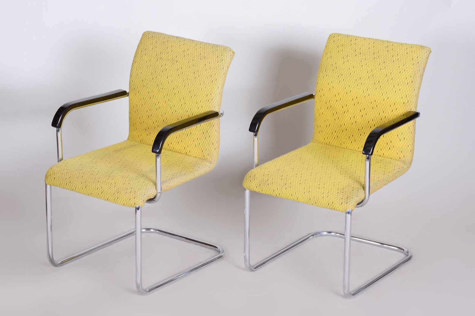Yellow Bauhaus Armchairs Made In 1930s Czechia. Non Restored Chrome And Fabric.