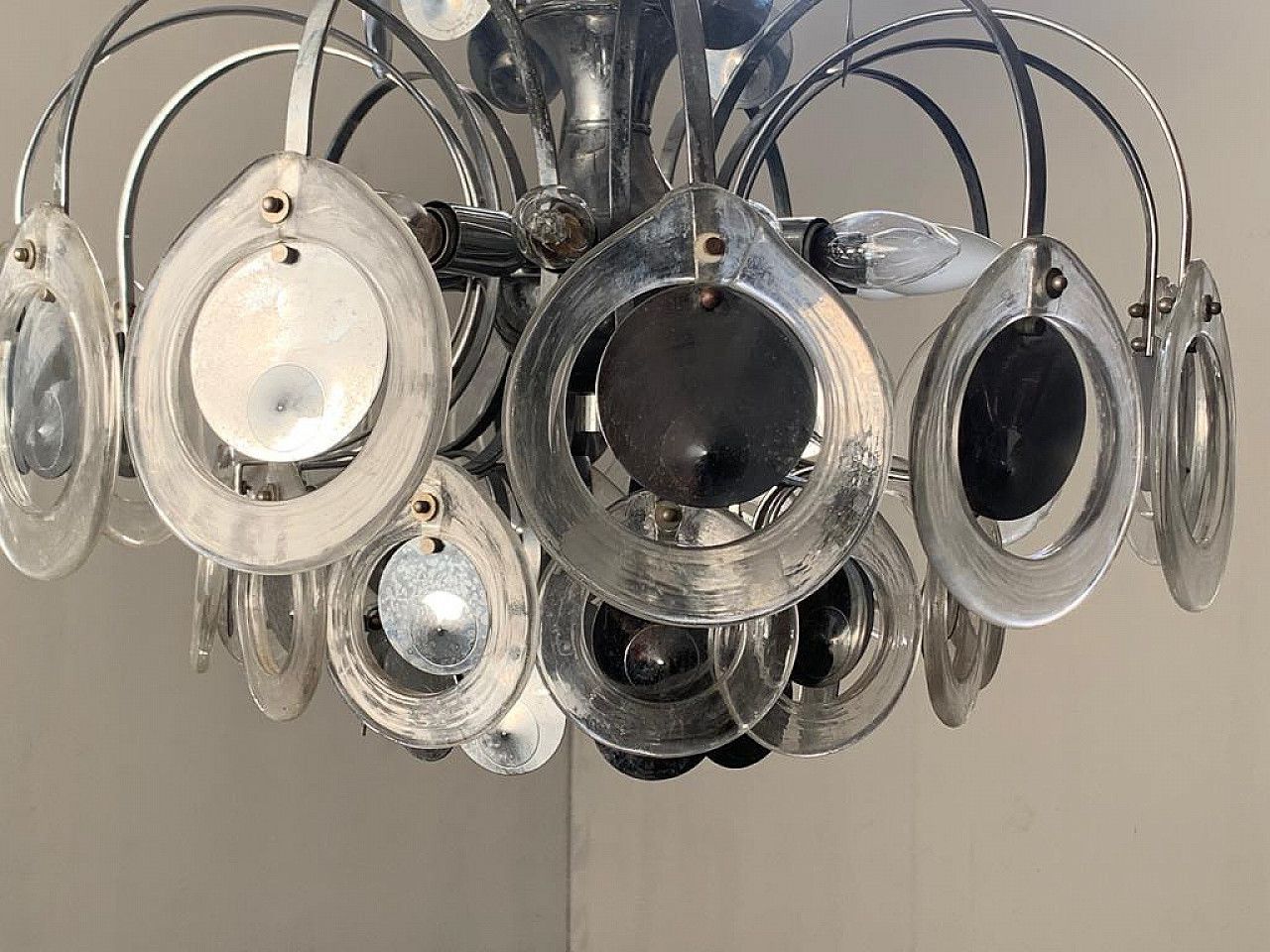 Disc Chandelier In Steel And Fused Glass, 70s photo 632.32