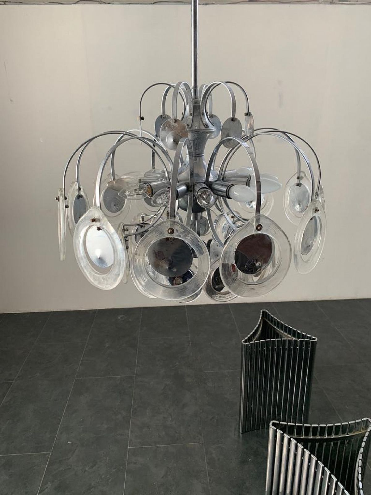 Disc Chandelier In Steel And Fused Glass, 70s photo vinterior