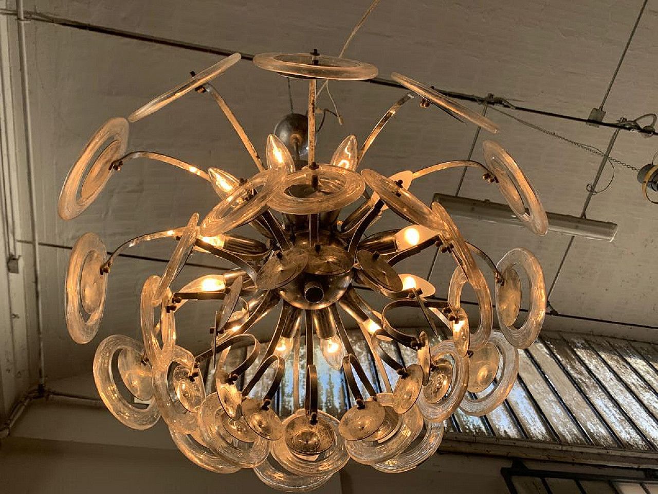 photo for sale Disc Chandelier In Steel And Fused Glass, 70s