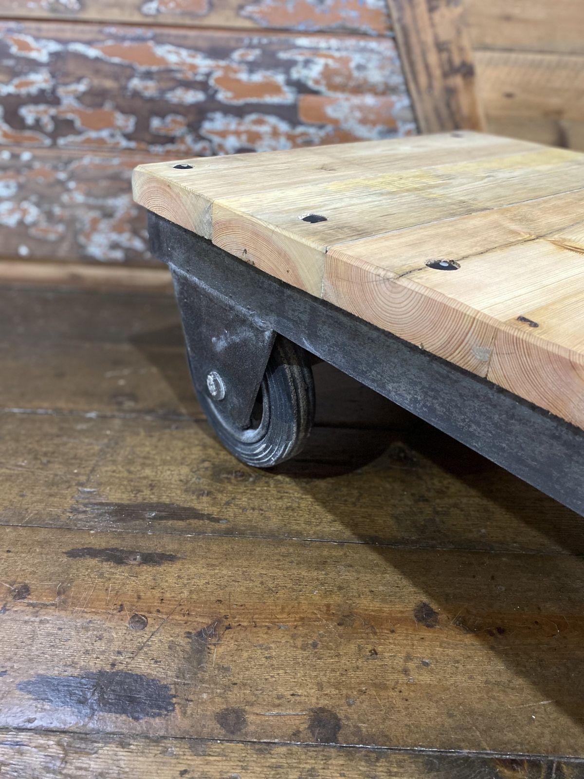 Industrial Cart Coffee Table Made From Vintage Tug Cart, Reclaimed Wood & Stud Detailing photo Furniture