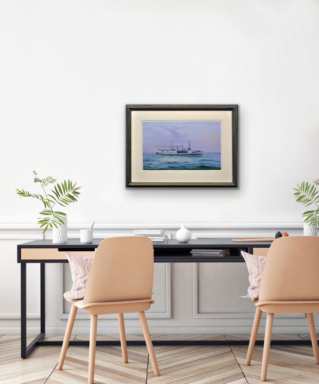 photo furniture Vincenzo D' Esposito 1886 To 1946. Italian. Hms Nairana, Royal Navy Seaplane Carrier. Tasmania & Melbourne Ferry. Framed Warship Painting Circa 1918.