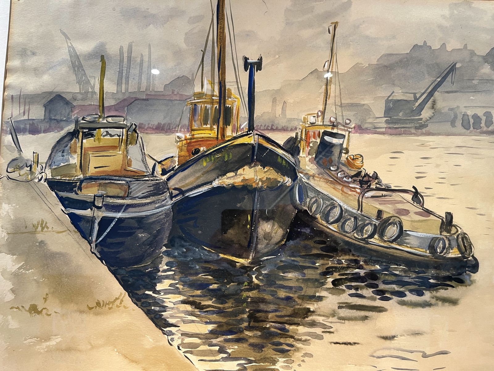 Signed Midcentury Watercolour Of Milford Haven By Renowned Postwar Artist Beryl Tilley photo for sale