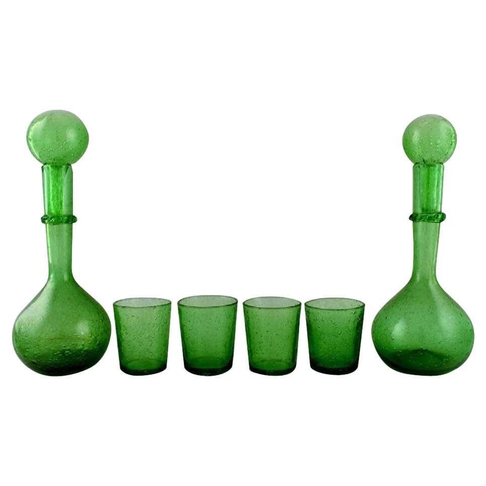 Biot, France, Two Wine Decanters And Four Glasses In Green Mouth Blown Art Glass
