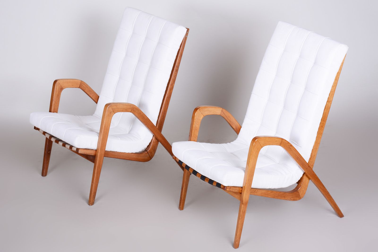 White Mid Century Armchairs Made In Czechia '50s. By Jan Vanek, Fully Restored