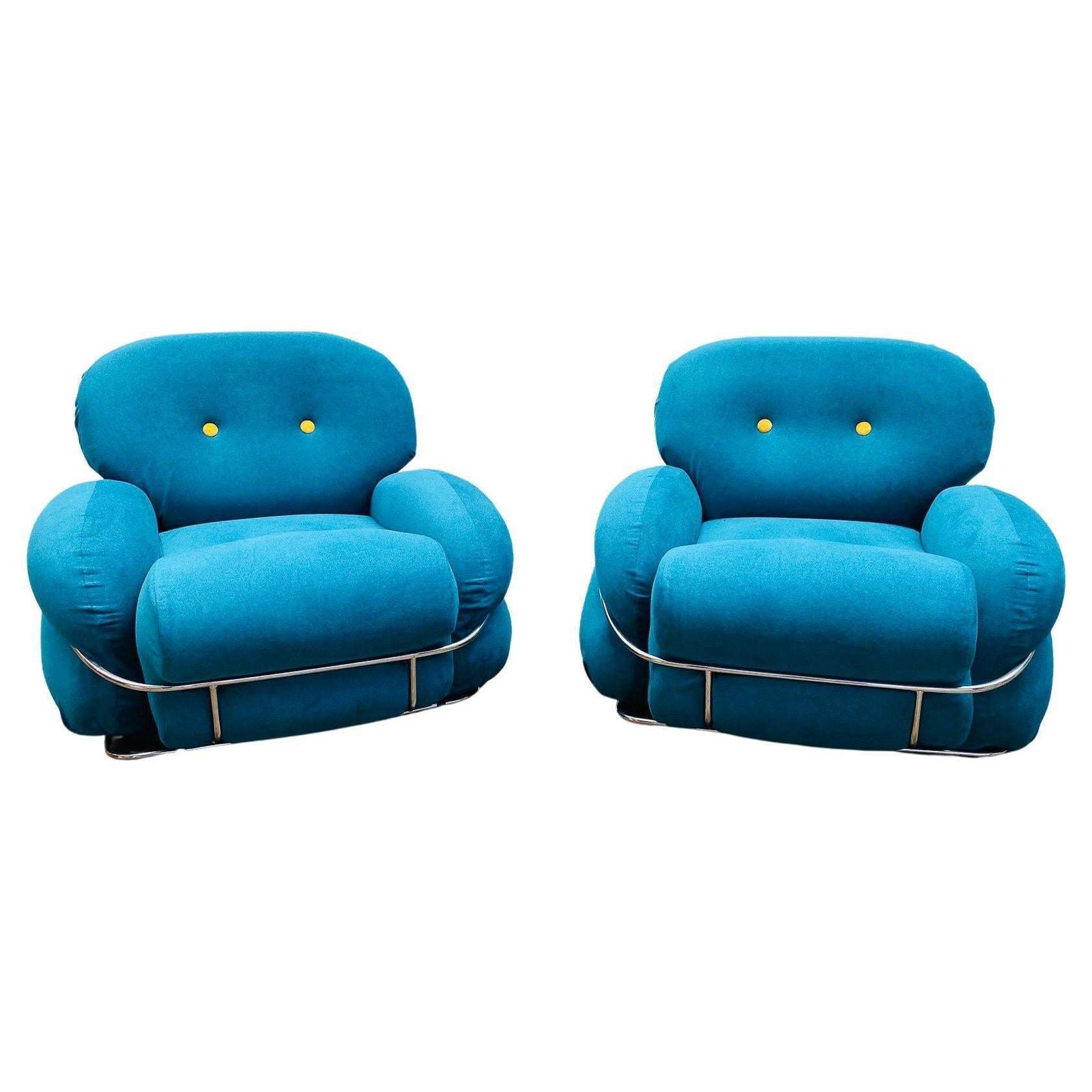 Pair Of Bleu And Yellow Armchairs In The Style Of Sesann, Italy, 1960s