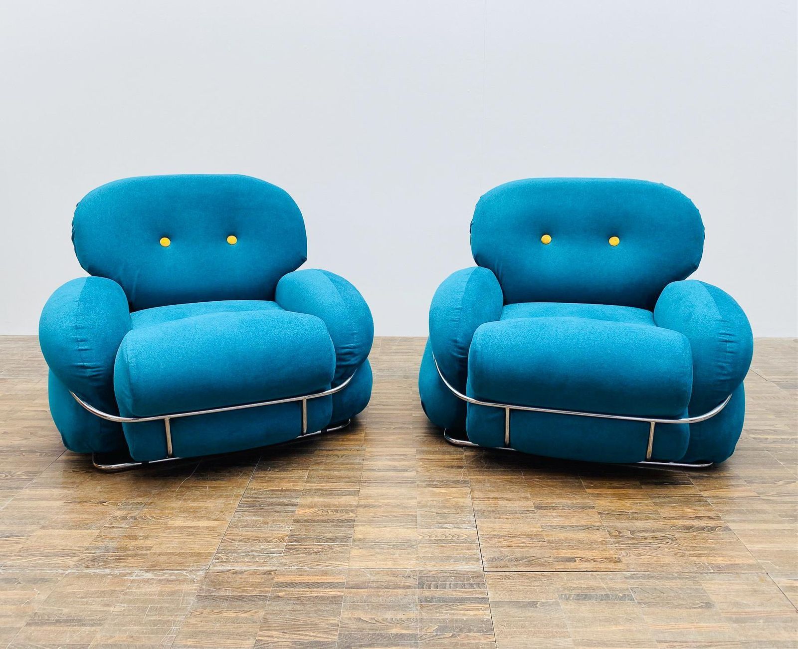 Pair Of Bleu And Yellow Armchairs In The Style Of Sesann, Italy, 1960s photo furniture