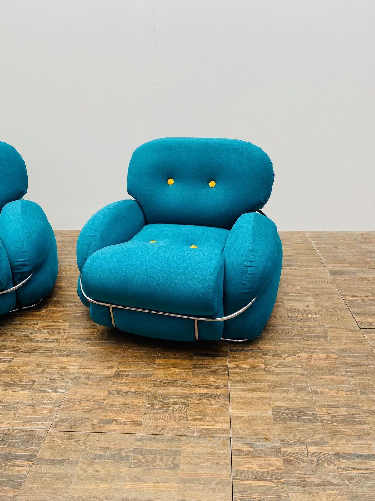 Pair Of Bleu And Yellow Armchairs In The Style Of Sesann, Italy, 1960s photo for sale