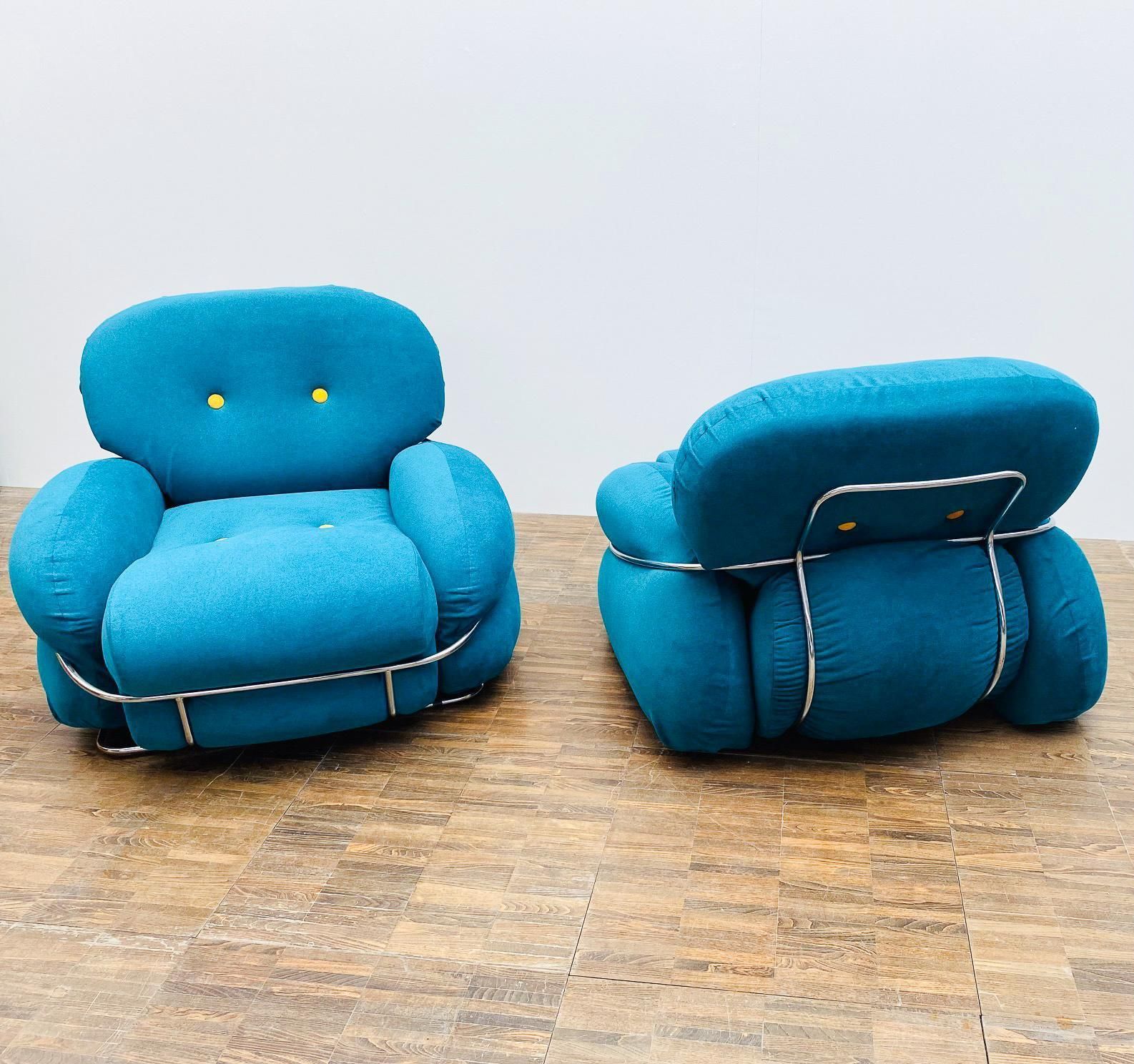 Pair Of Bleu And Yellow Armchairs In The Style Of Sesann, Italy, 1960s photo buy