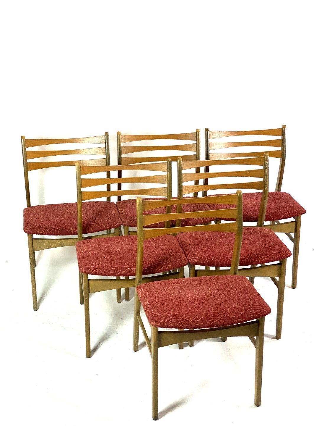 Six Dining Room Chairs In Dark Polished Wood And Upholstered With Red Fabric, Of Danish Design From The 1960s. photo furniture
