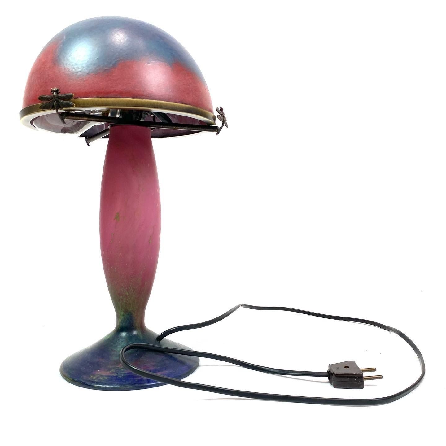 French Tablelamp Of Glass In Dark Purple And Bordeaux Colours Decorated With Butterflies Signed Le Verre Francais From The 1920s. photo 1605.0
