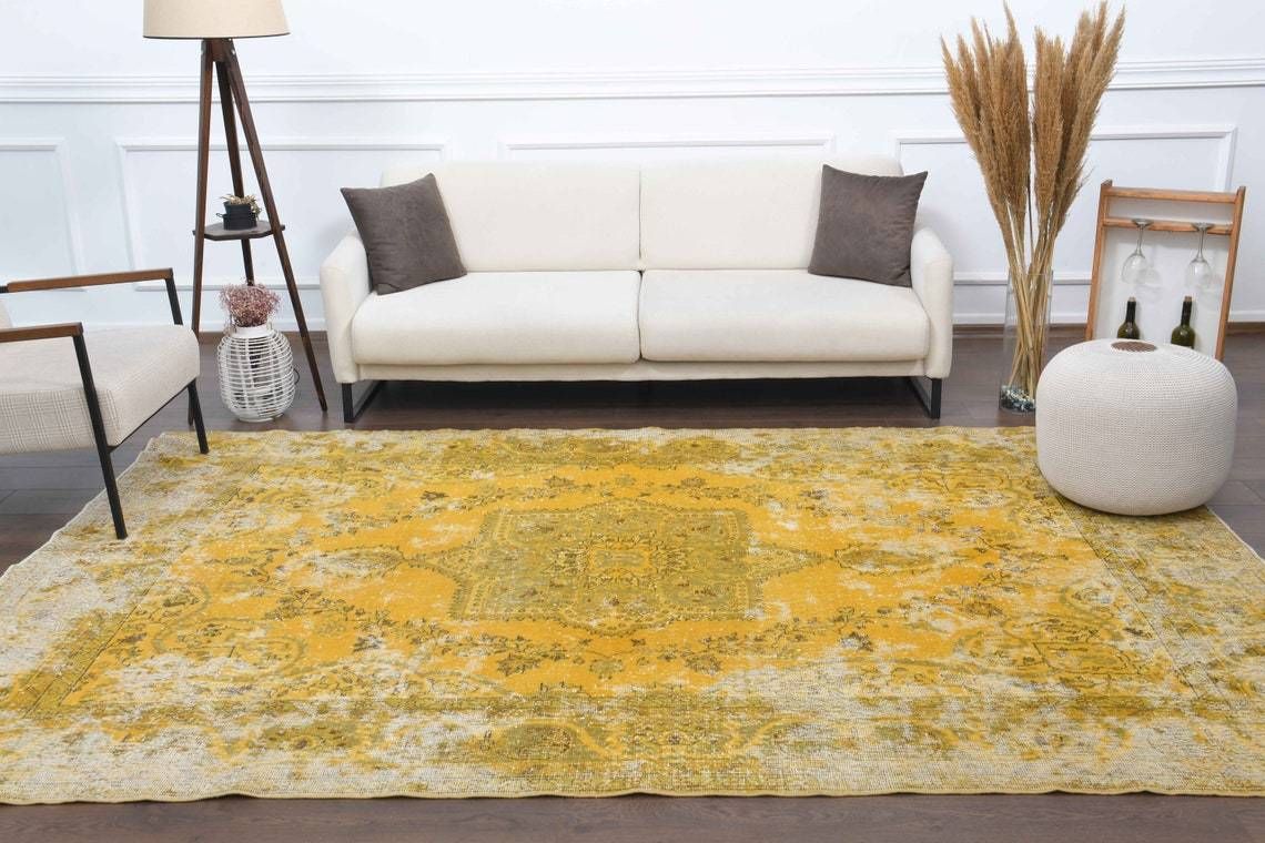 Turkish Vintage Oushak Area Rug  Boho Decor  Oushak Wool Rug  Yellow Carpet  Ethnic Rugs One Of A Kind  Anatolian Farmhouse Decor