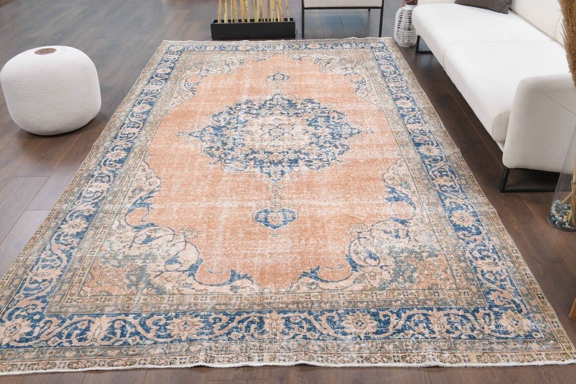 Turkish Vintage Area Rug  Oushak Handmade Wool Carpet  Farmhouse Decor  One Of A Kind  Made In Anatolia  Living Room Rug Oriental