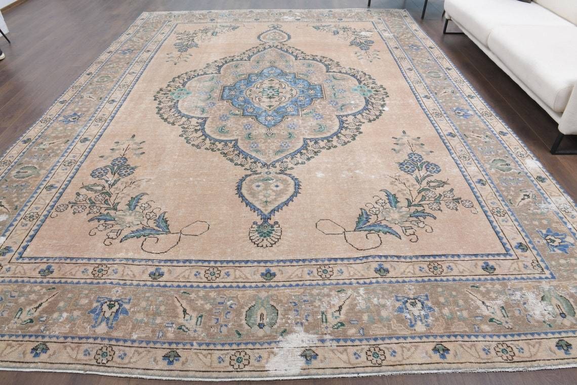 Turkish Vintage Area Rug Handmade Wool Large Room Carpet Farmhouse Decor One Of A Kind Made In Anatolia Medallion Bordered photo furniture