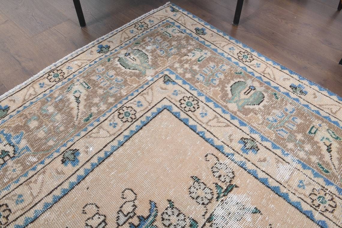 Turkish Vintage Area Rug Handmade Wool Large Room Carpet Farmhouse Decor One Of A Kind Made In Anatolia Medallion Bordered photo vinterior