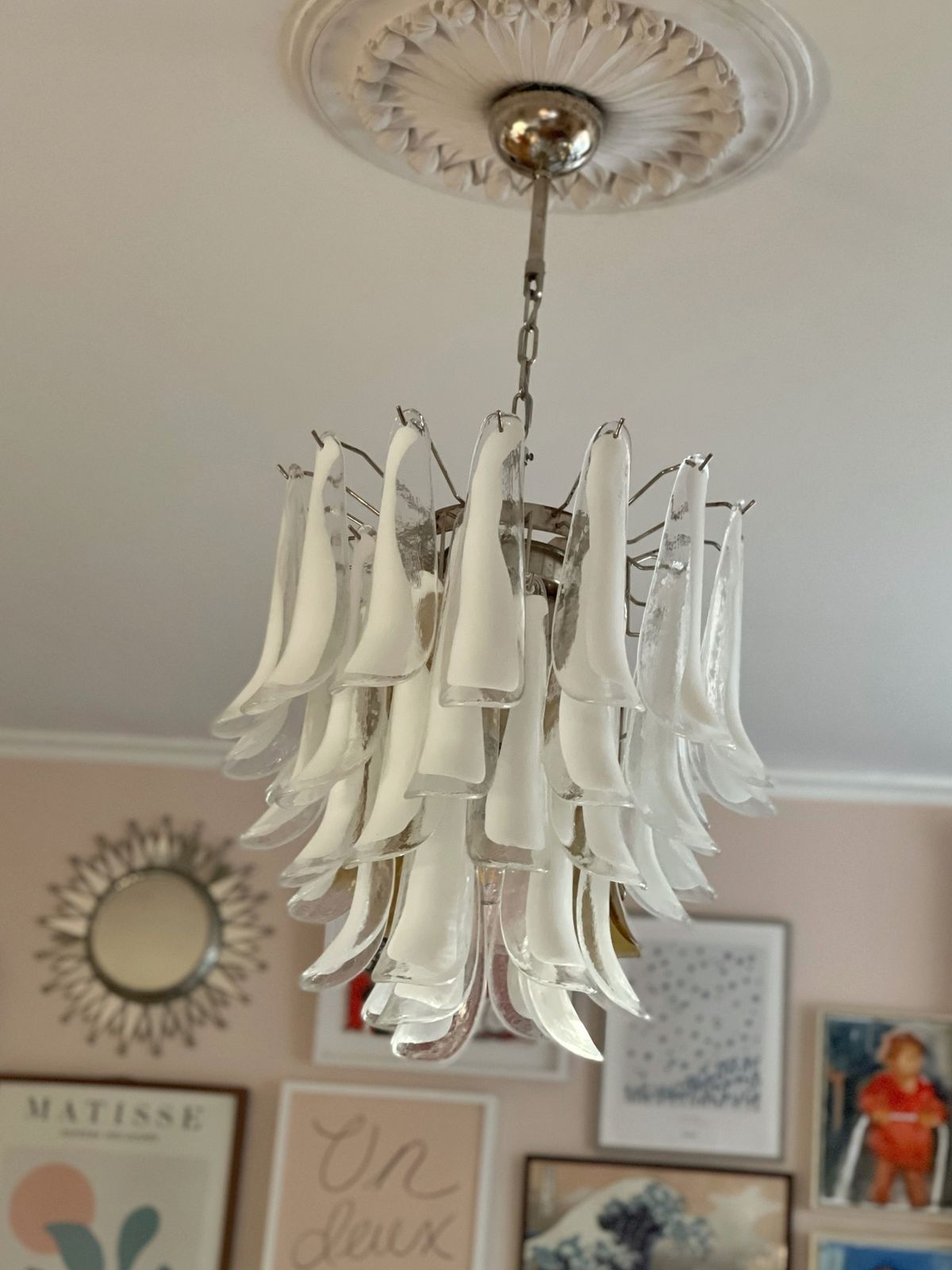 White Murano Glass Chandelier In The Style Of Mazzega   Large Size.
