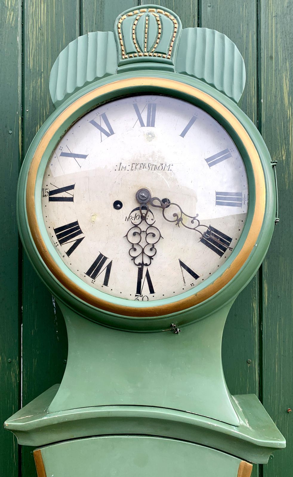 Antique Mora Clock Swedish Fryksdall Green Gold 1800s Gustavian Ekerstrom photo furniture