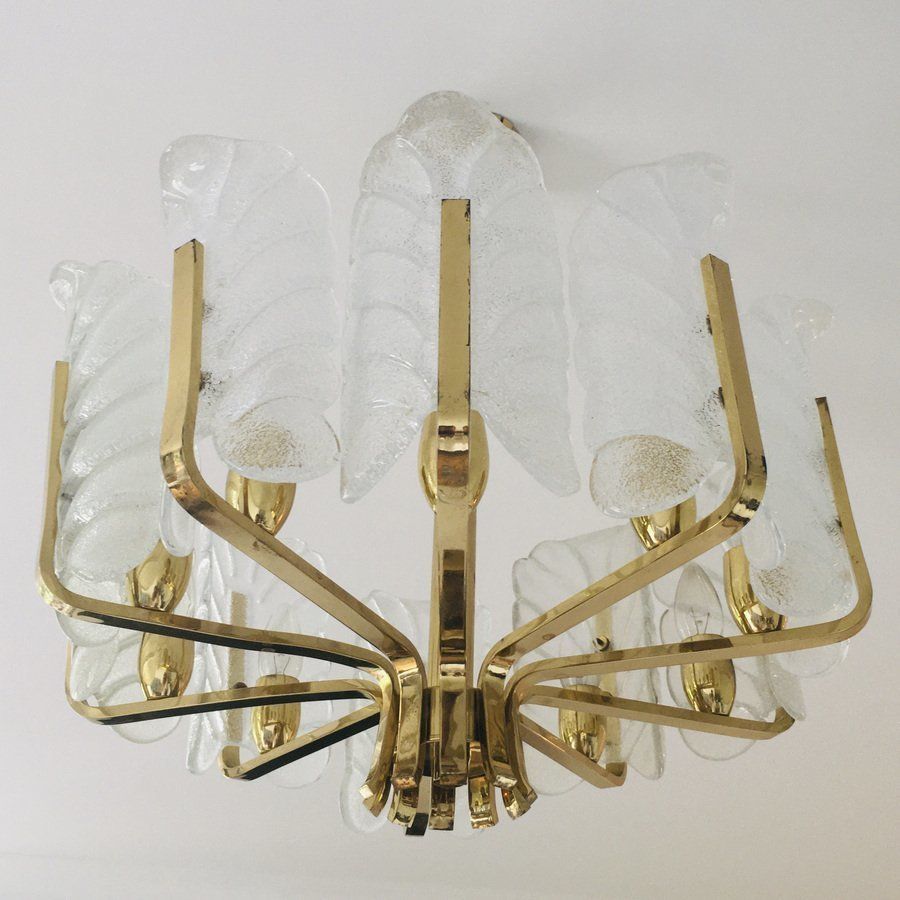 Scandinavian Brass Chandelier With 10 Glass Leaves By Carl Fagerlund For Orrefors, Sweden, 1960s photo Lighting