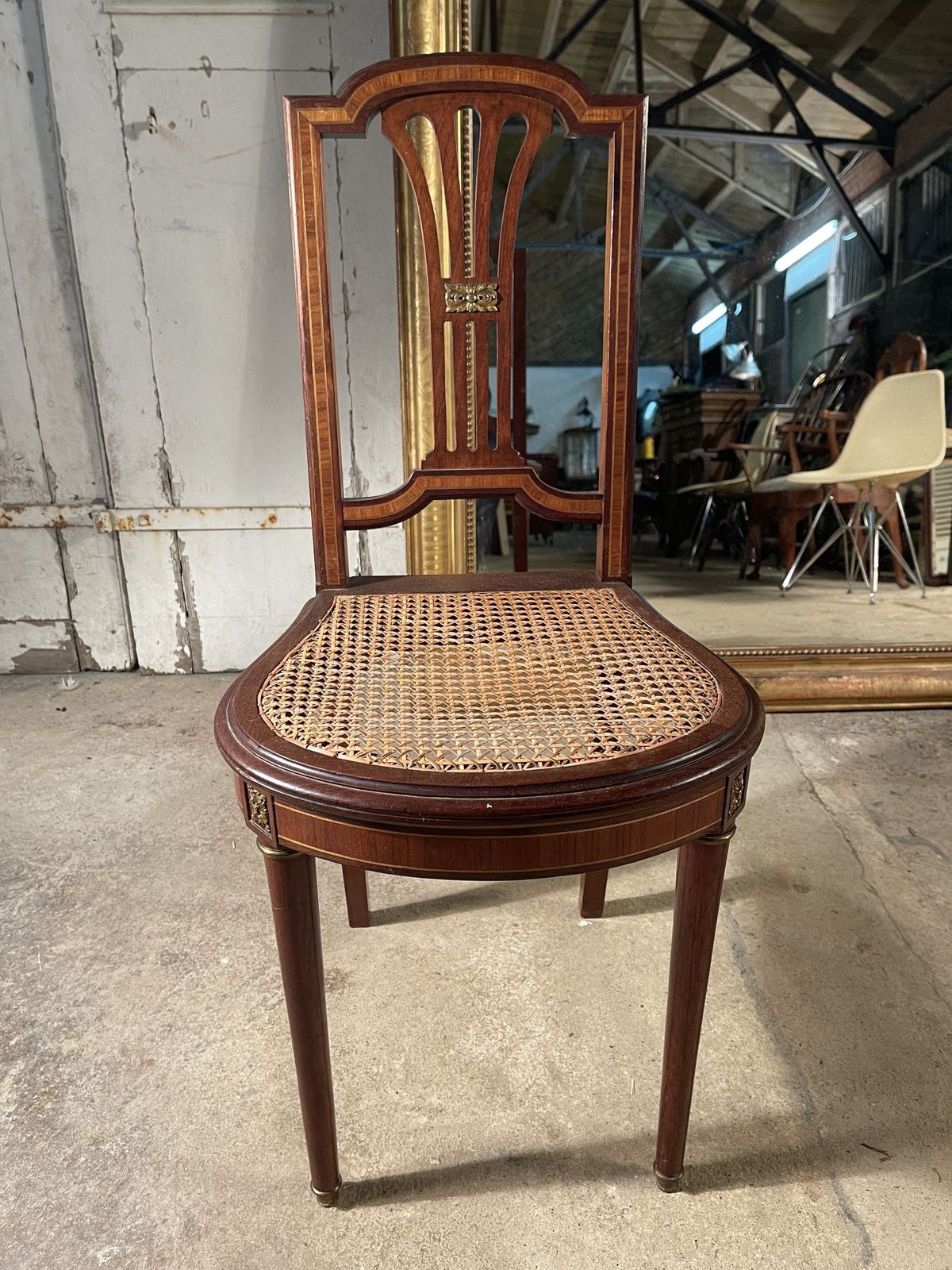 A Pair Of Antique French Empire Mahogany Satin Wood Inlay Louis XV Cane Show Chairs photo furniture