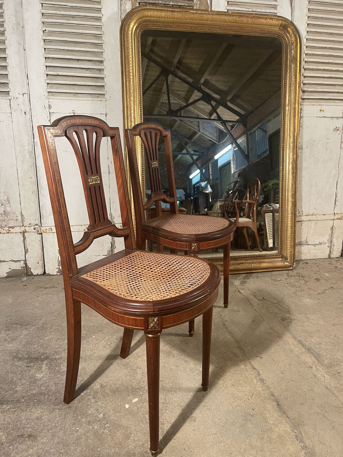 A Pair Of Antique French Empire Mahogany Satin Wood Inlay Louis XV Cane Show Chairs photo Furniture