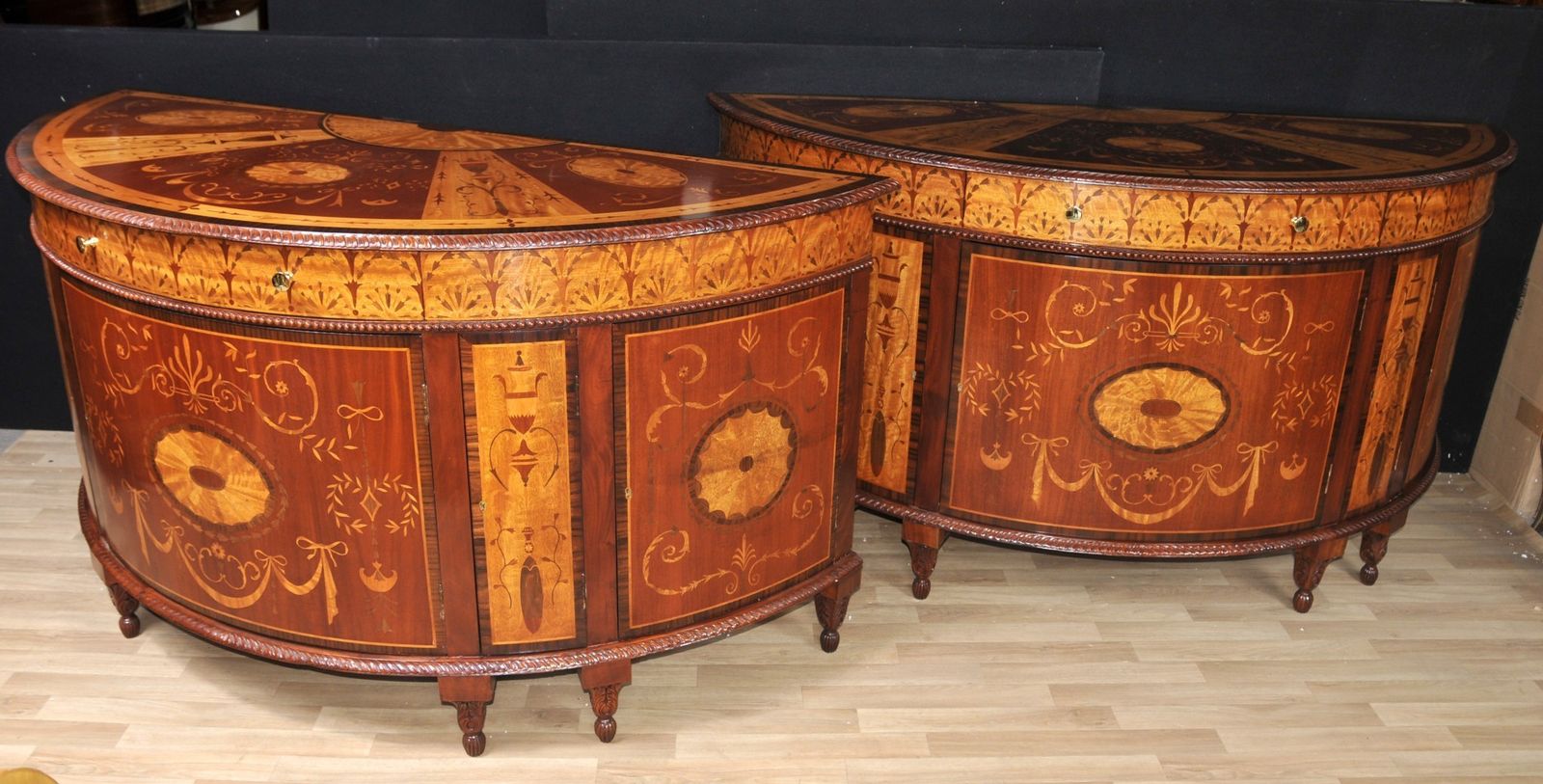 Pair Regency Inlaid Commodes Demi Lune Cabinets Marquetry Inlay