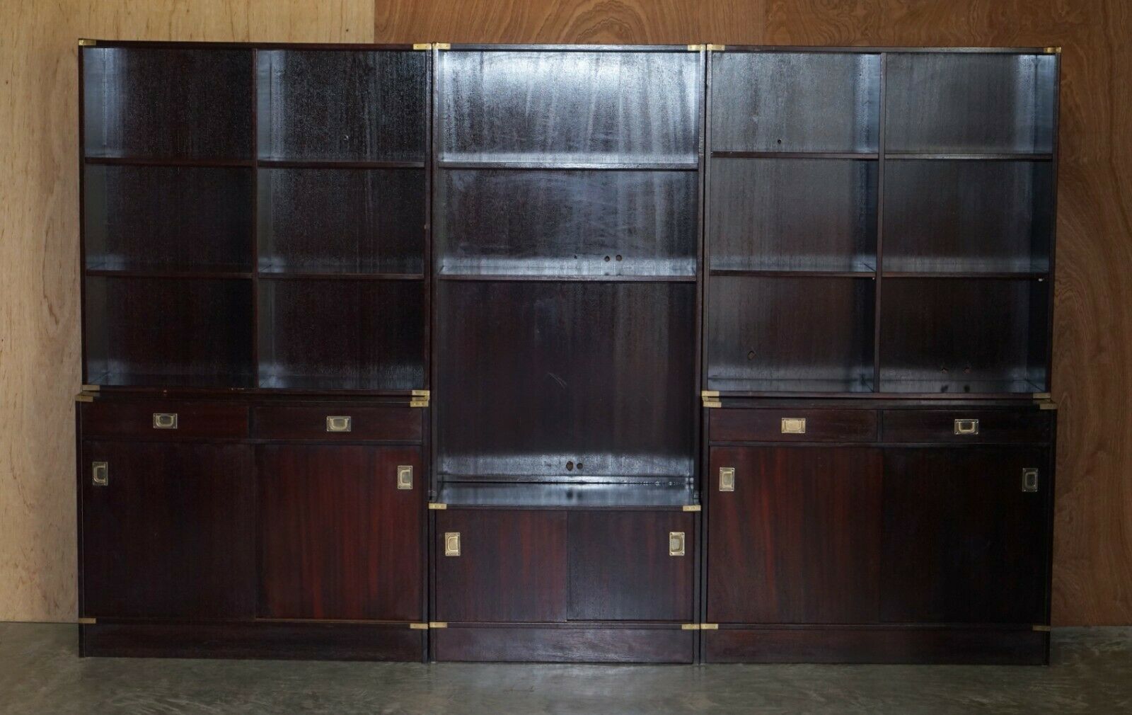 Three Vintage Mahogany Finish Military Campaign Bookcases Used For Media Storage photo furniture