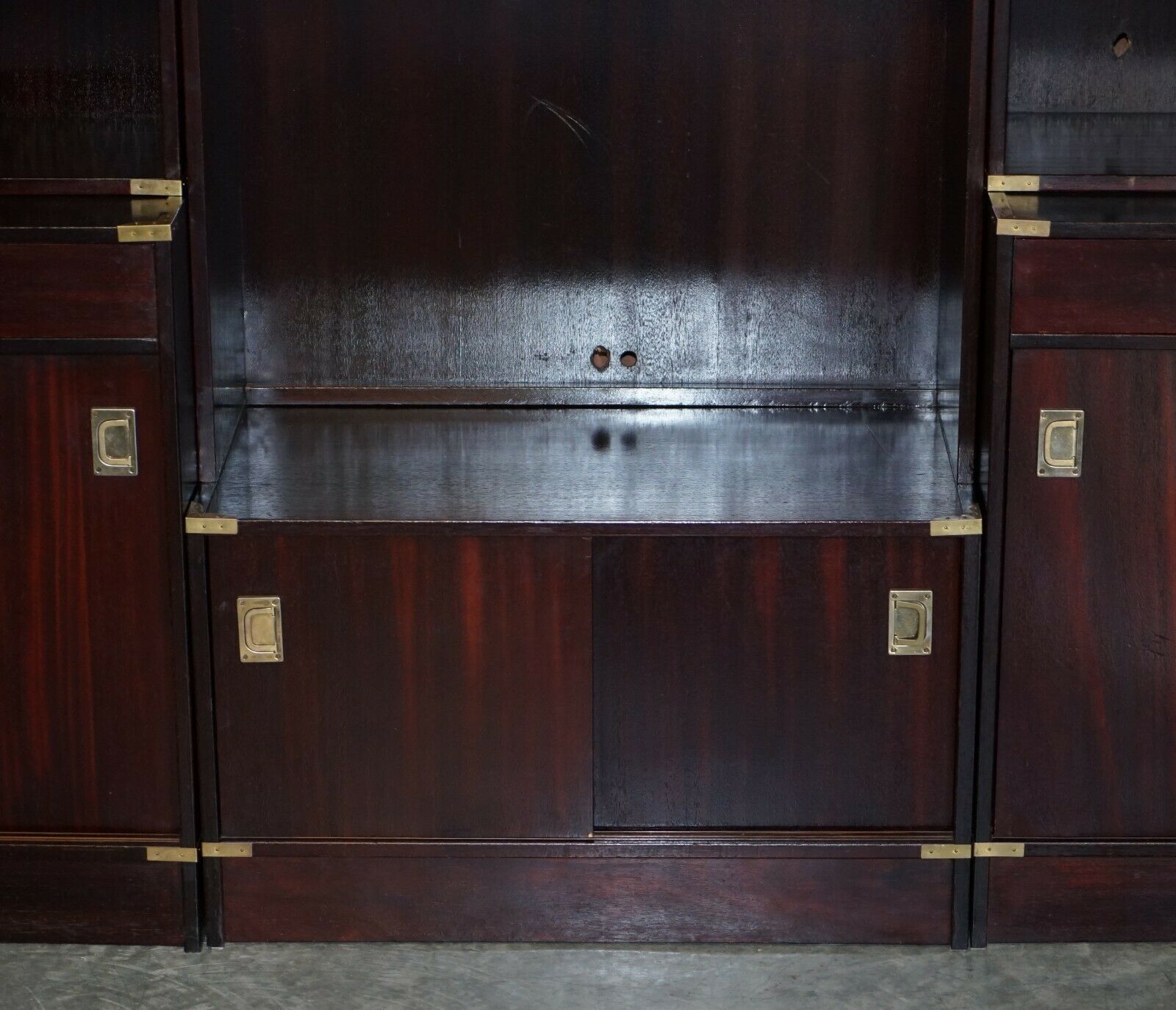 Three Vintage Mahogany Finish Military Campaign Bookcases Used For Media Storage photo vinterior