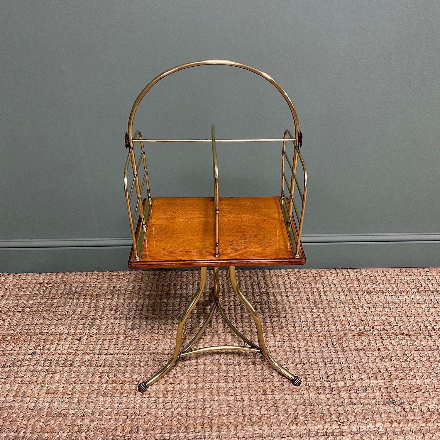 Antique Edwardian Brass & Oak Revolving / Magazine Rack