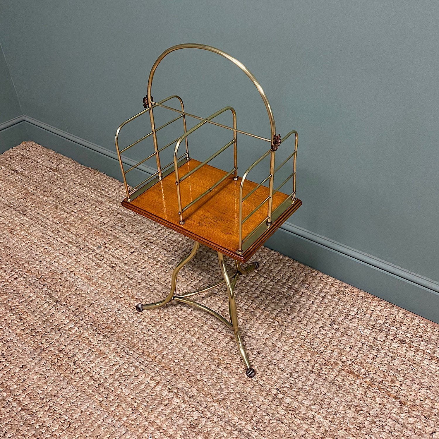 Antique Edwardian Brass & Oak Revolving / Magazine Rack photo 595.0