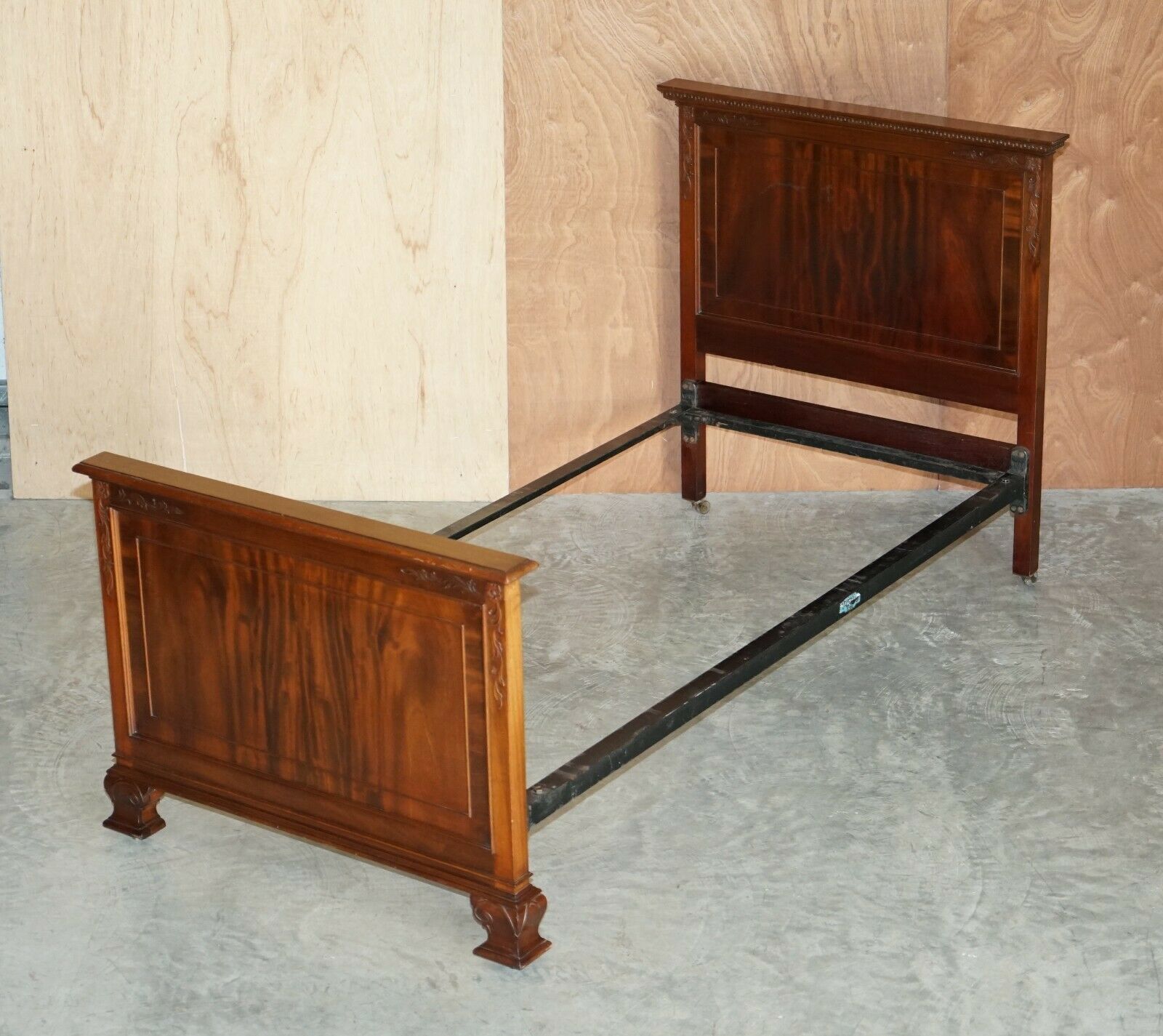 Antique Honduras Mahogany English Hand Carved With Castors Single Bed Frame