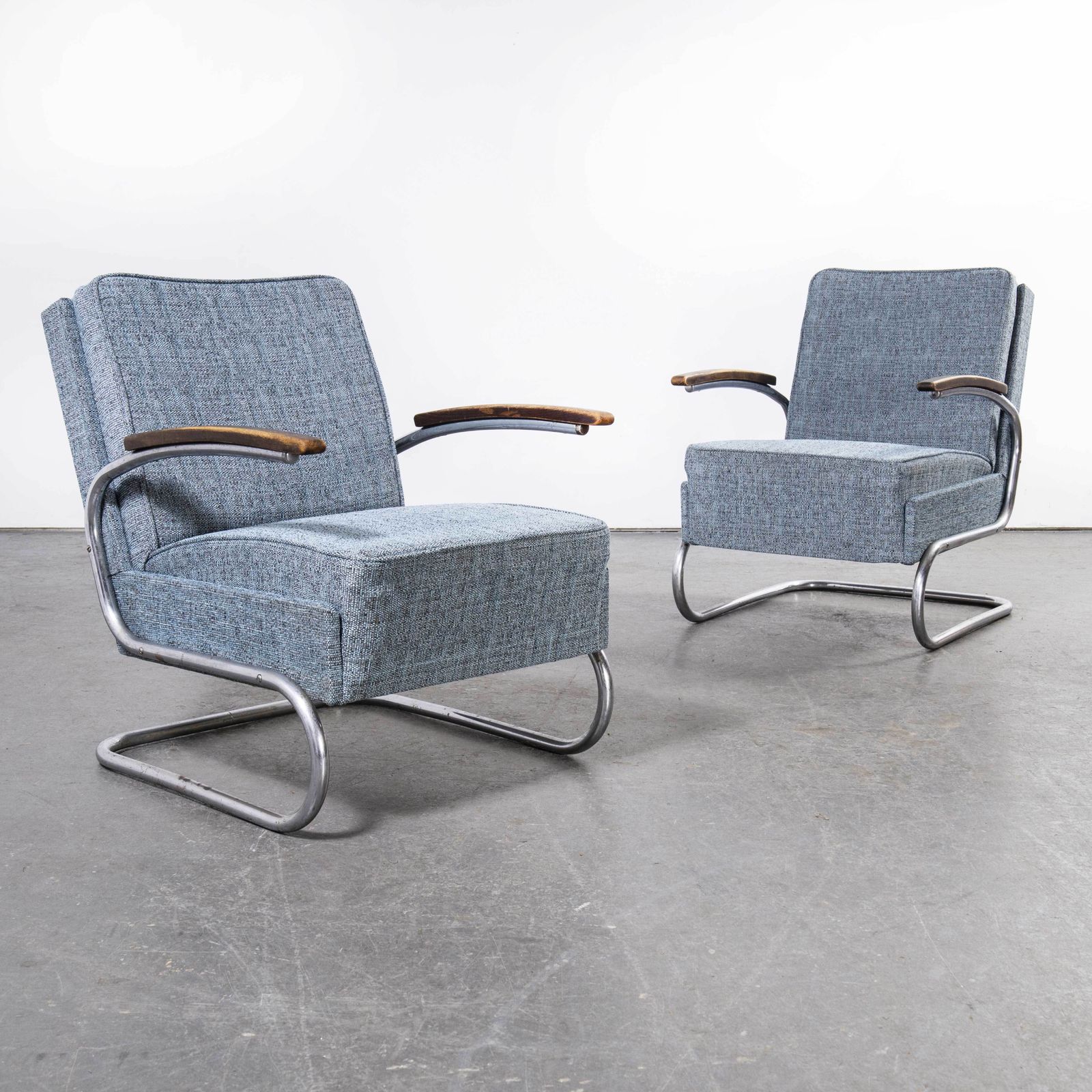 1930’s Pair Of Mucke Melder Original Armchairs – Fully Restored (Blue Fleck)