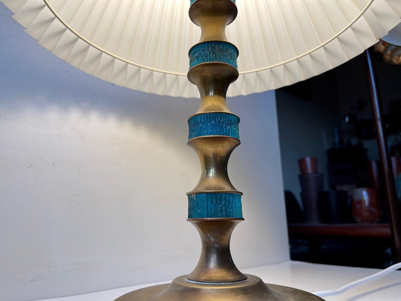 Scandinavian Modern Table Lamp In Brass & Blue Glass By Vitrika, 1960s photo Lighting