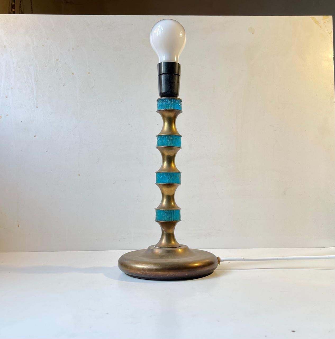Scandinavian Modern Table Lamp In Brass & Blue Glass By Vitrika, 1960s photo 644.0