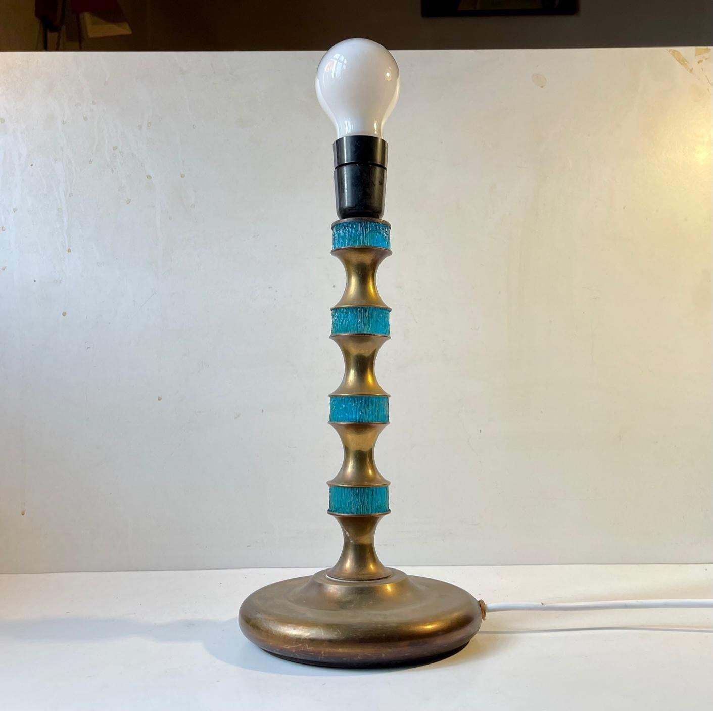 photo furniture Scandinavian Modern Table Lamp In Brass & Blue Glass By Vitrika, 1960s