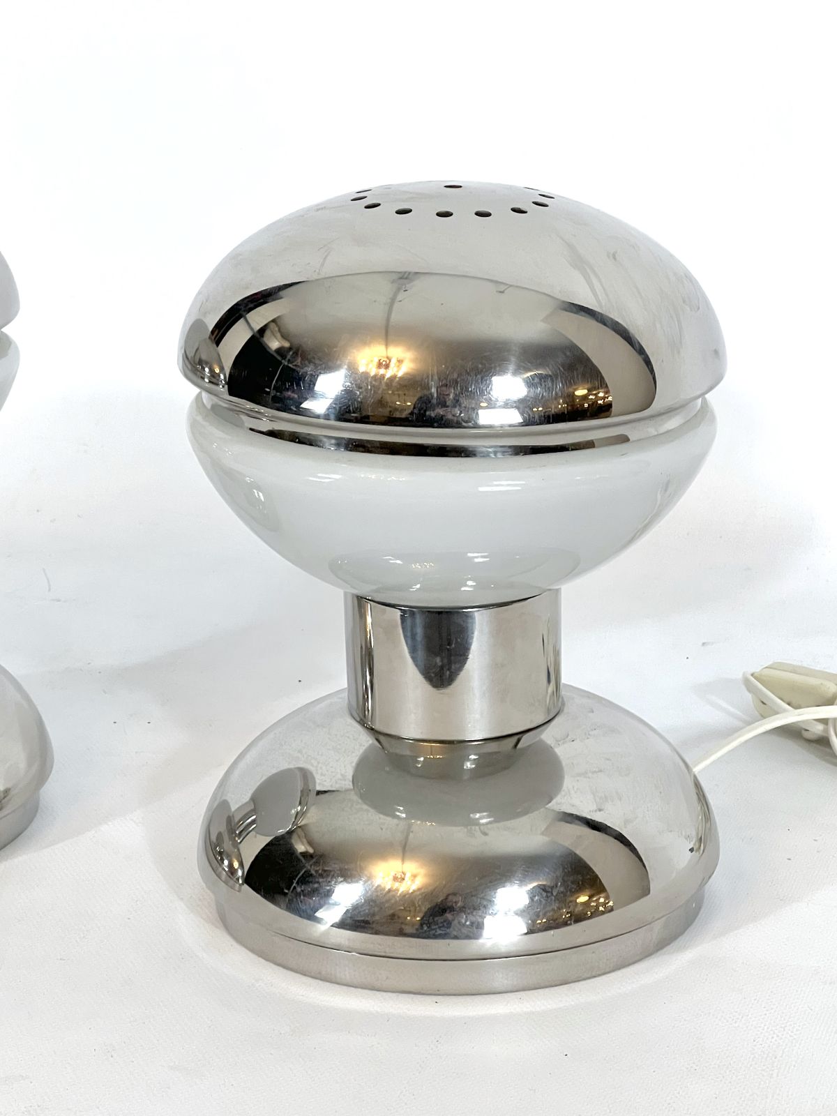 Goffredo Reggiani, Chrome And Milk Glass Table Lamps From 70s photo for sale