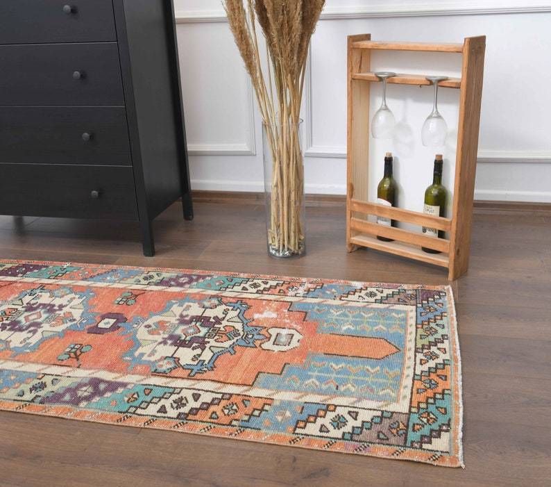 Vintage Turkish Oushak Runner Handmade Wool Carpet  Orange Tribal Kitchen Hallway Rug  Farmhouse Decor  One Of A Kind  Anatolian photo vintage
