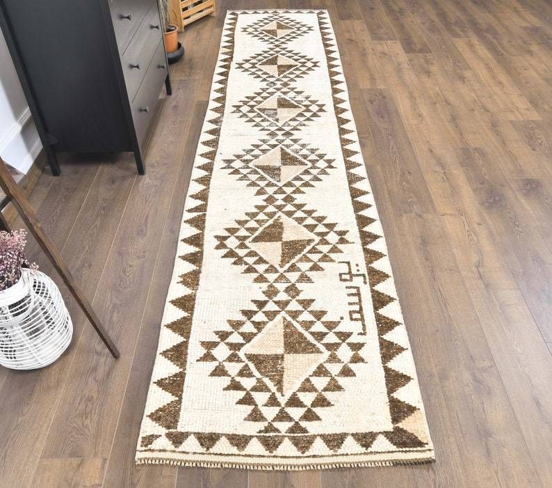 Turkish Vintage Handmade Wool Runner Rug Geometric Hallway Farmhouse Decor One Of A Kind  Anatolia