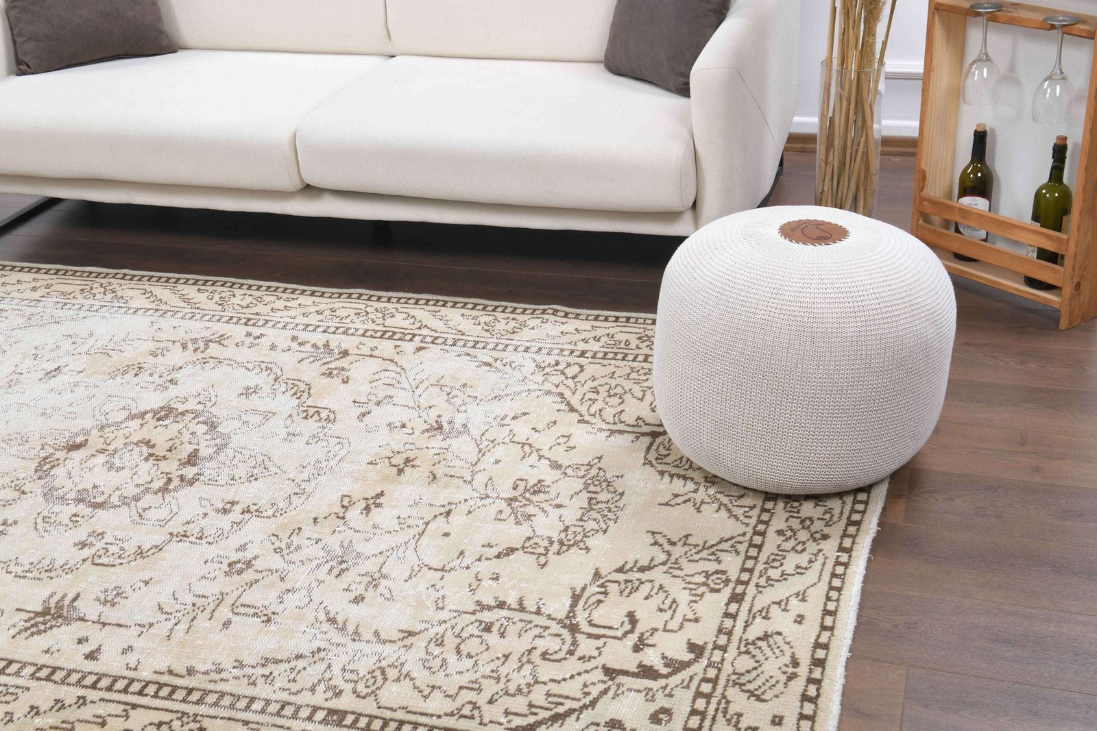 Antiek Turks vloerkleed, Oushak handgemaakt wollen beige oosters tapijt, landelijke stijl, uniek exemplaar, Bohemian, gemaakt in Turkije, tapijt photo furniture
