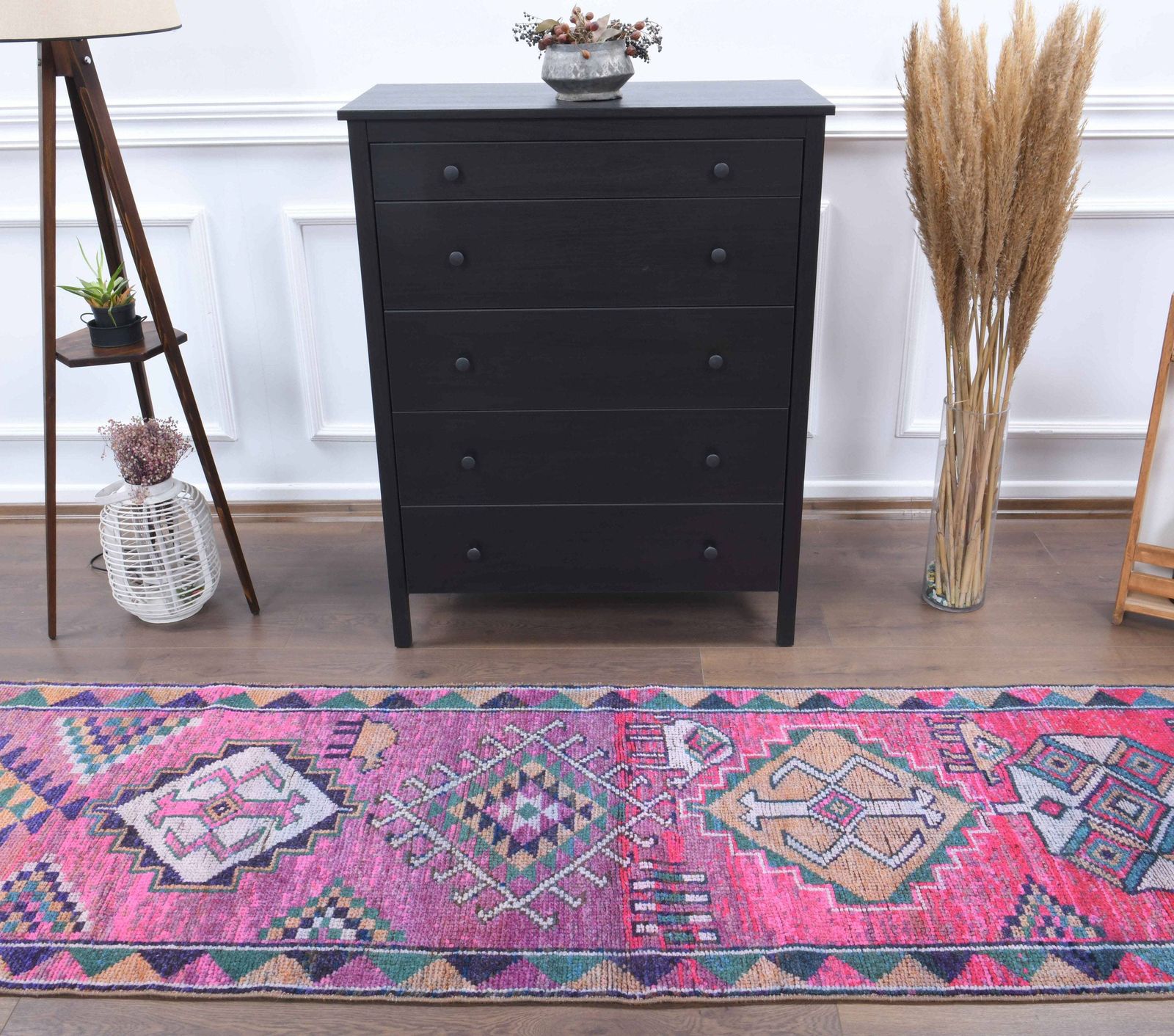Turkish Hand Knotted Oushak Wool Runner, Pink Hallway Rug, One Of A Kind, Boho Decor, Farmhouse Decor, Shabby Chic Carpet photo furniture