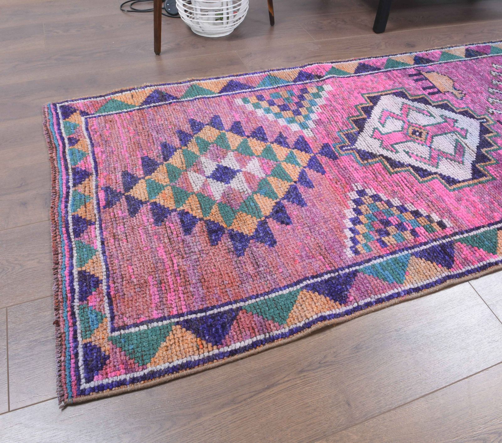 Turkish Hand Knotted Oushak Wool Runner, Pink Hallway Rug, One Of A Kind, Boho Decor, Farmhouse Decor, Shabby Chic Carpet photo for sale
