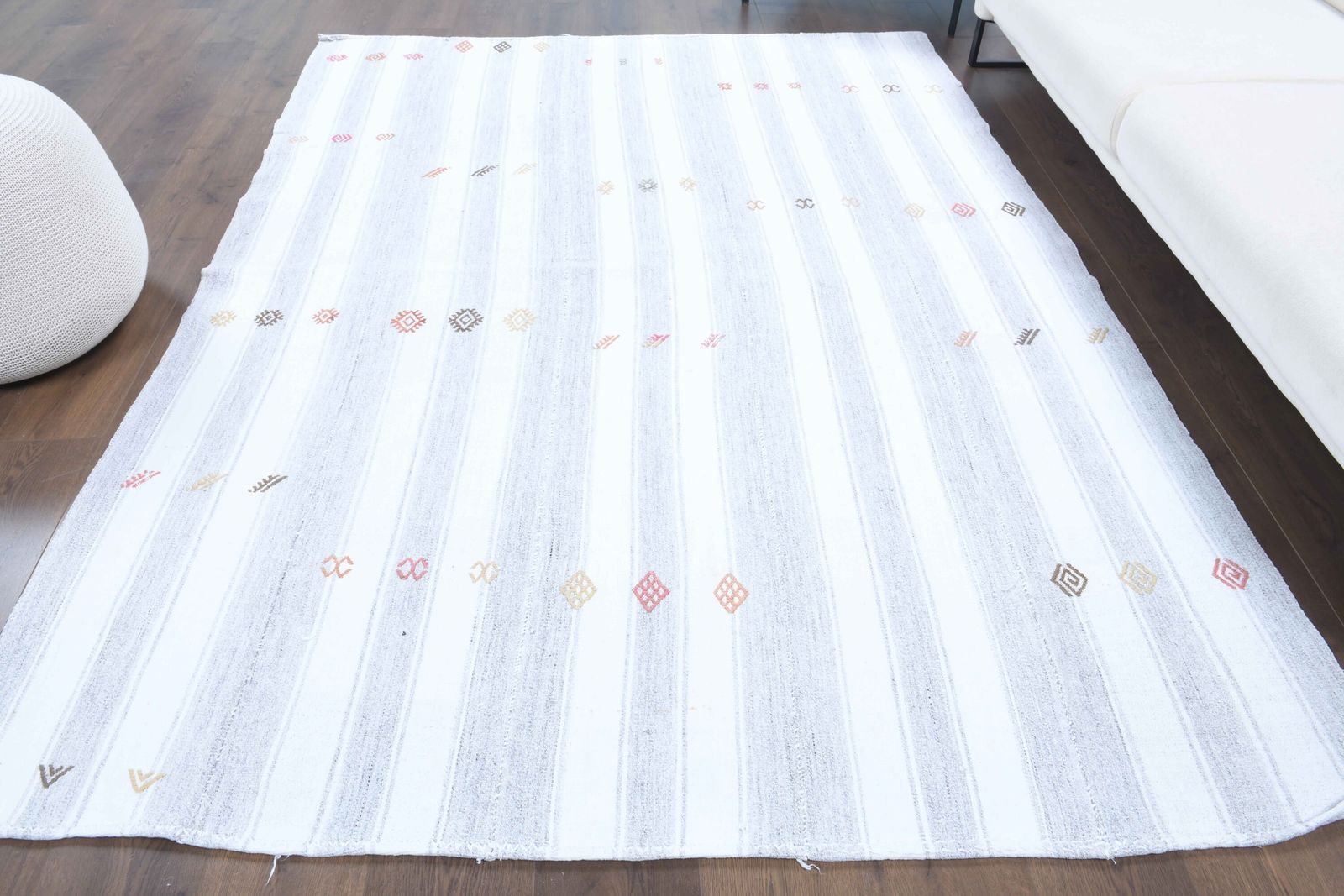 Turkish Kilim Area Rug, Oushak Handmade Wool White Carpet, Flatweave Rugs, Farmhouse Decor, One Of A Kind, Bohemian, photo for sale