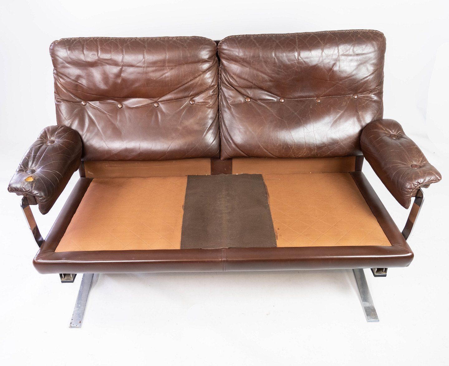 Two Seater Sofa In Brown Patinated Leather And Metal Frame, Designed By Arne Norell From The 1970s. photo Furniture