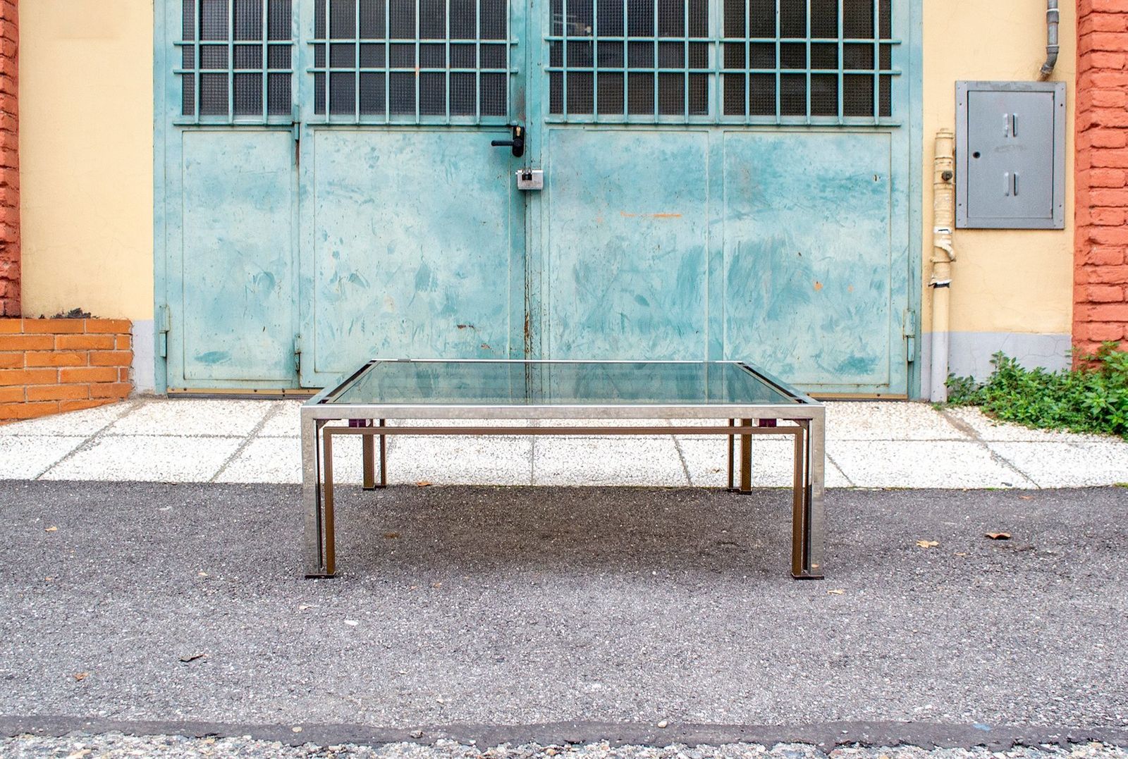 Coffee Table In Steel And Brass With Acrylic Glass Decorations, Italy, 1970s