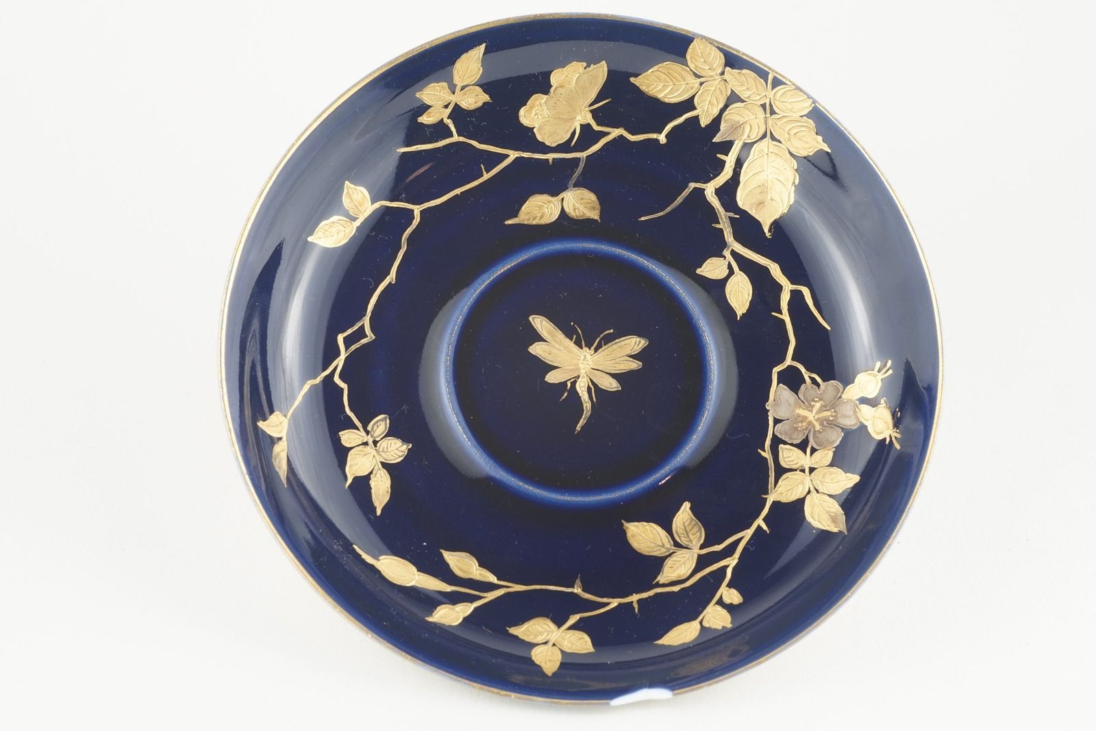 Six Beautiful Pirkenhammer Cobalt And Gold Saucers With Insects And Flowers Numbered 2602 photo for sale