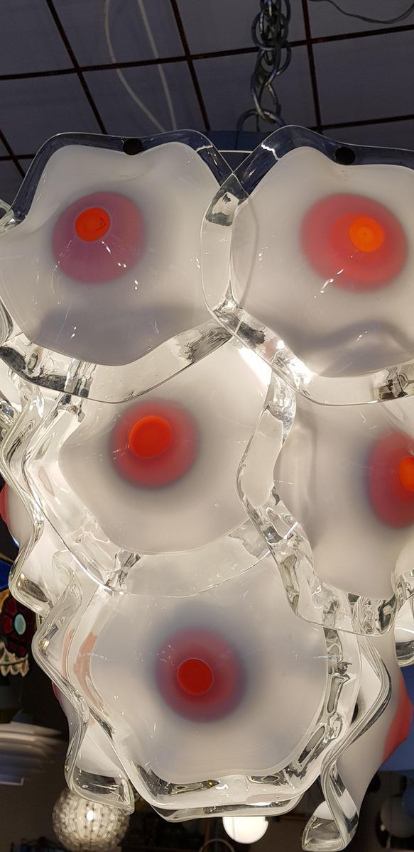 Murano Glass Ceiling Lamp In White & Red, 1960s