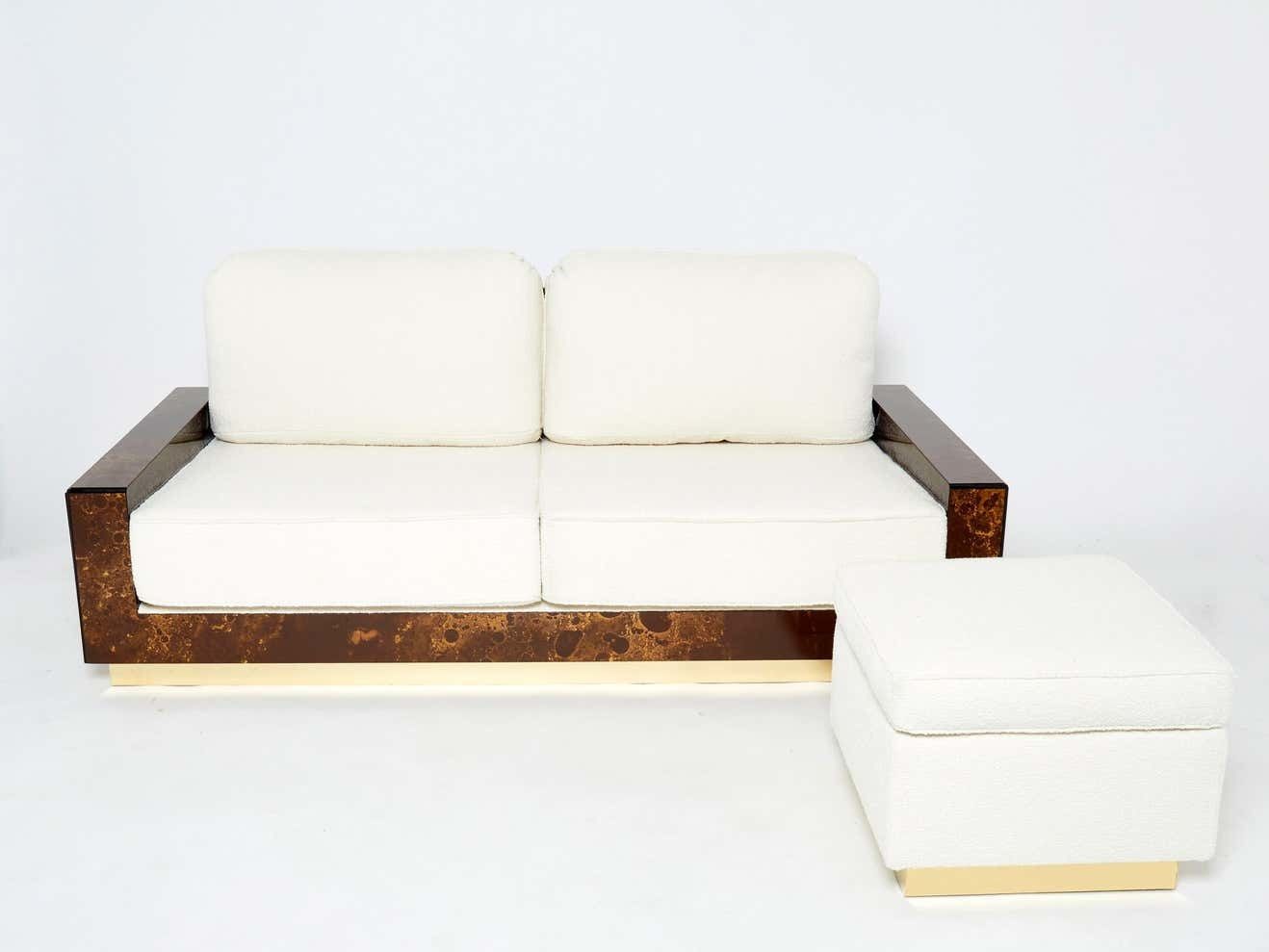 Rare Golden Lacquer And Brass Maison Jansen Bouclé Sofa, 1970s photo vinterior