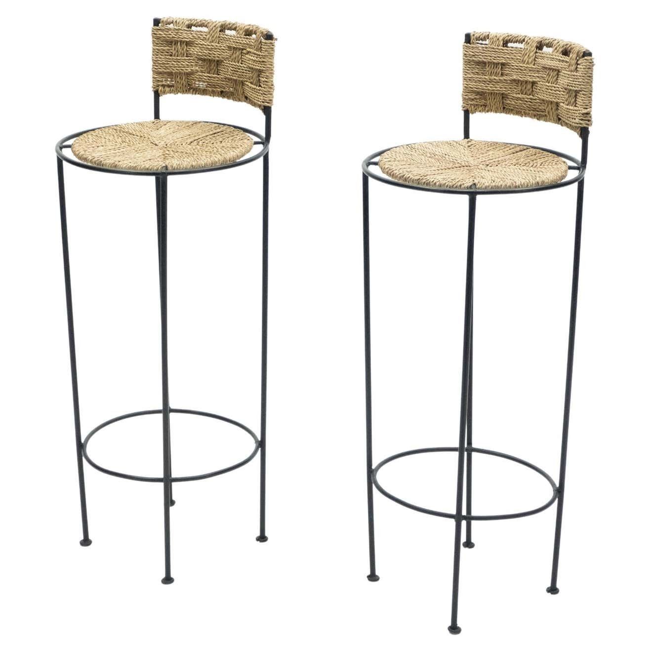 Pair Of French Bar Stools Rope And Metal By Audoux Minet, 1950s