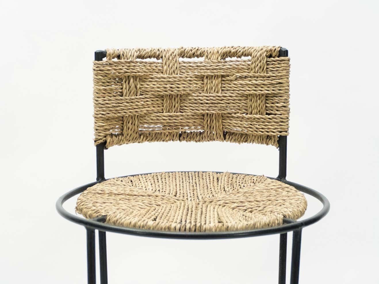 Pair Of French Bar Stools Rope And Metal By Audoux Minet, 1950s photo vinterior