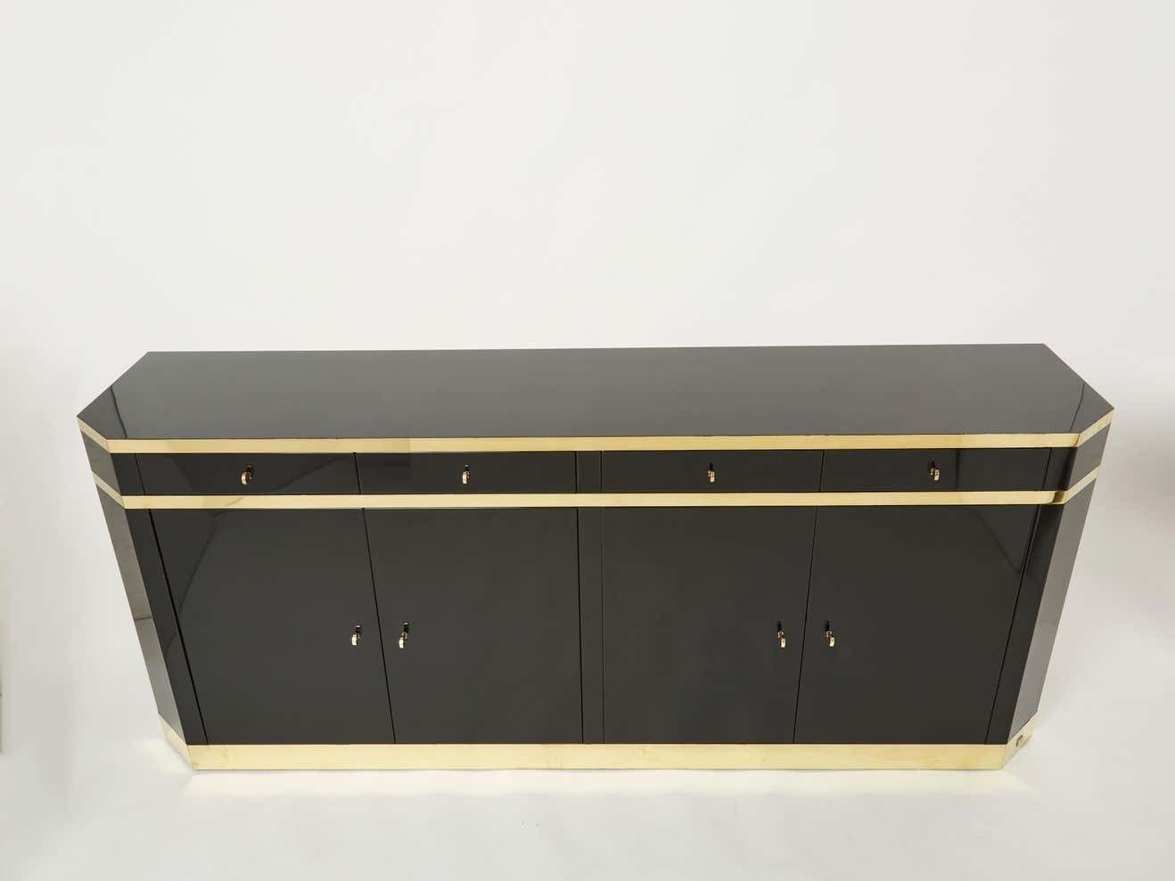Buffet en laque noire et laiton signé J.C. Mahey, années 1970 photo for sale
