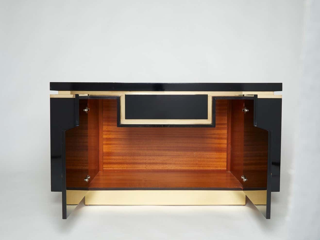 J.C. Mahey Brass Black Lacquered Sideboard Bar Cabinet 1970s photo 13052.775